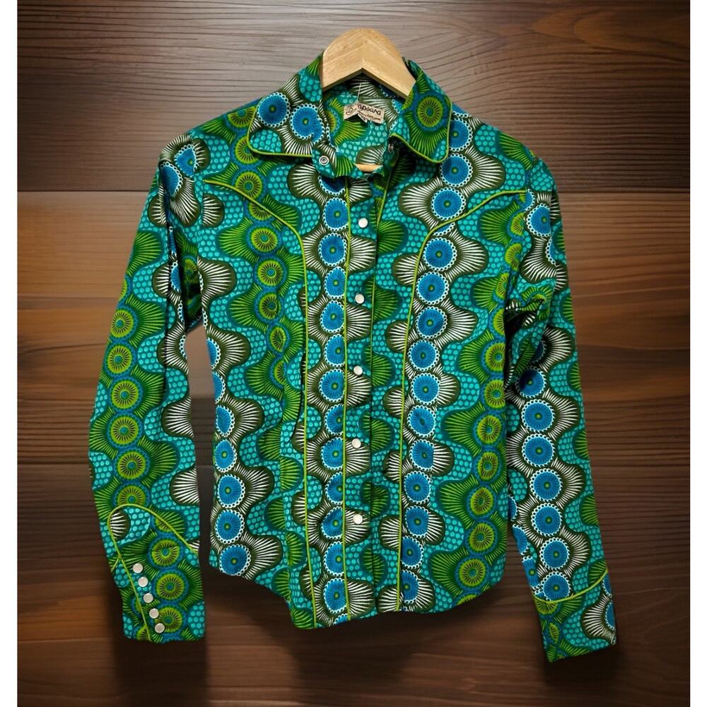Apsara Artisan Cowgirl Shirt - Boho Coastal Western Block Print - Size XS